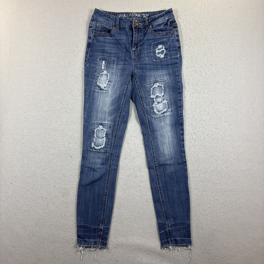 Vanilla Star Jegging Women 5 Blue Mid‎ Rise Raw Hem Distressed Ankle Denim Jean